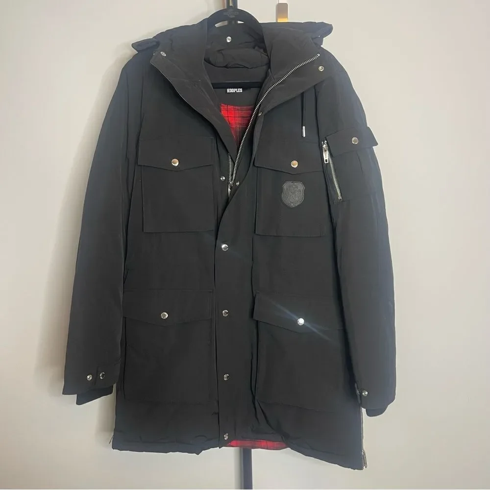 $985 The Kooples The Kooples Logo-Patch Hooded Woven Parka - Black MEN’S Medium